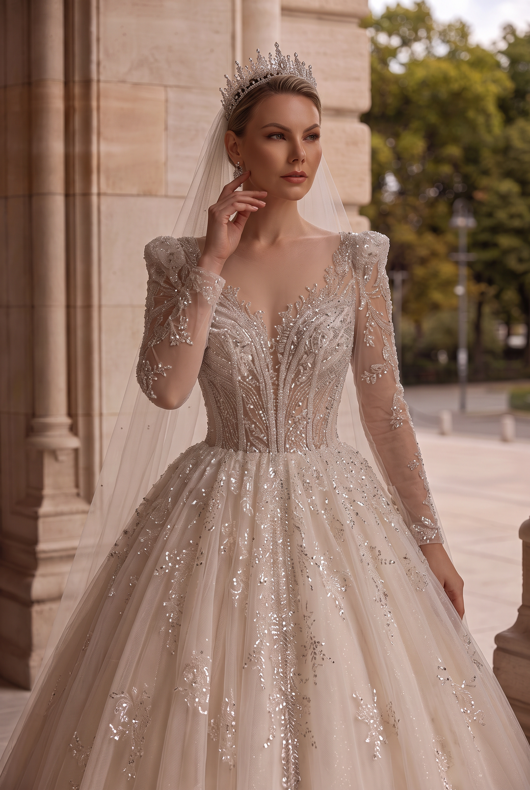 Ivory Long Sleeve Wedding Dress with Bow Back - Sparkly Wedding Dress with Cathedral Train - Wedding Dress with Embellishments Plus Size