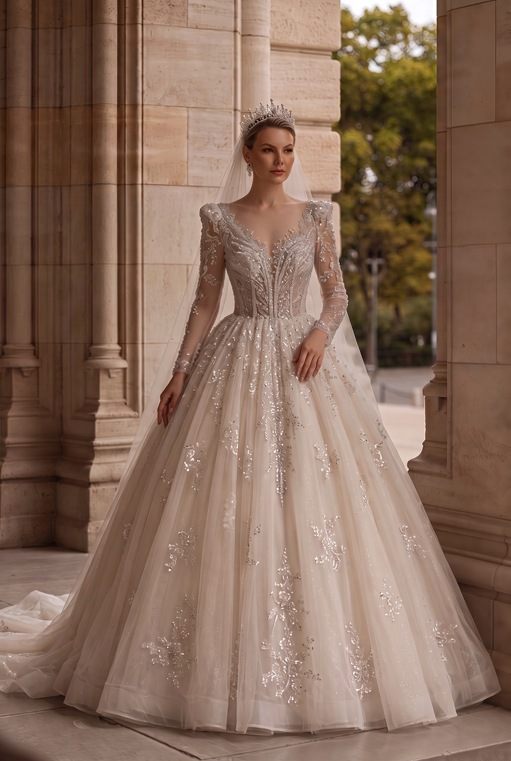 Ivory Long Sleeve Wedding Dress with Bow Back - Sparkly Wedding Dress with Cathedral Train - Wedding Dress with Embellishments Plus Size