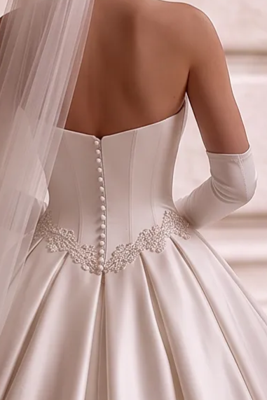 Ivory Simple Satin Wedding Dress with Corset Bodice - Strapless Wedding Ball Gown with Bow and Lace Plus Size