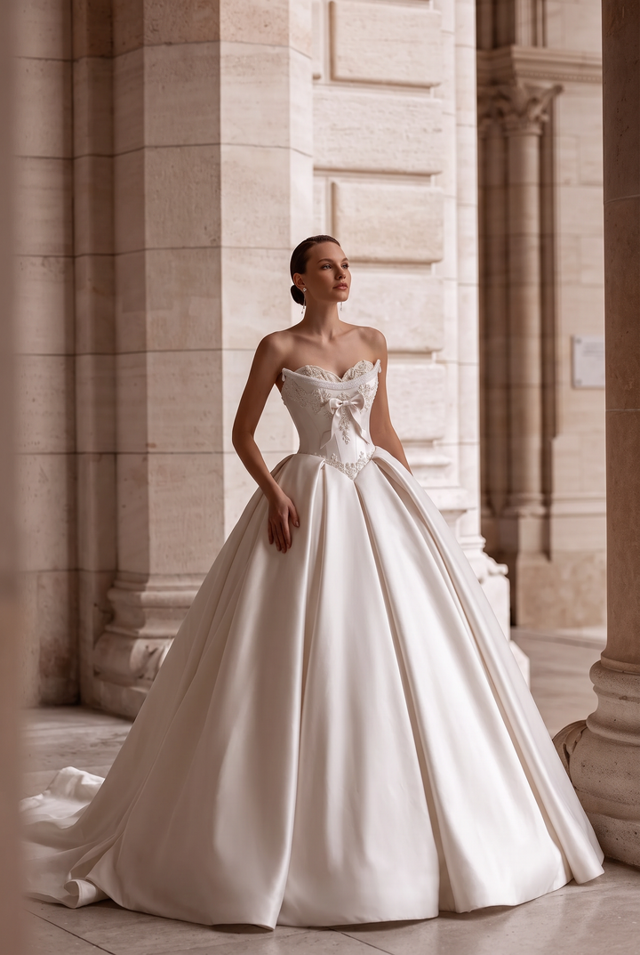 Ivory Simple Satin Wedding Dress with Corset Bodice - Strapless Wedding Ball Gown with Bow and Lace Plus Size