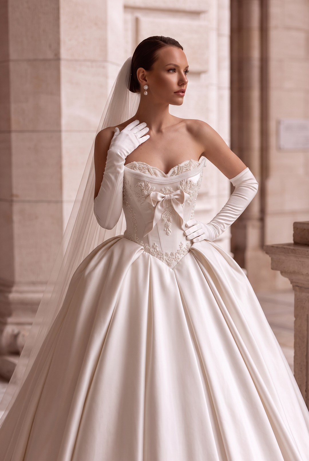 Ivory Simple Satin Wedding Dress with Corset Bodice - Strapless Wedding Ball Gown with Bow and Lace Plus Size