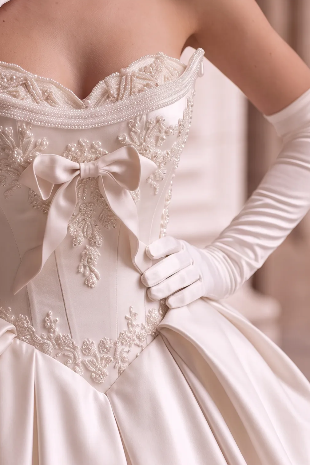 Ivory Simple Satin Wedding Dress with Corset Bodice - Strapless Wedding Ball Gown with Bow and Lace Plus Size