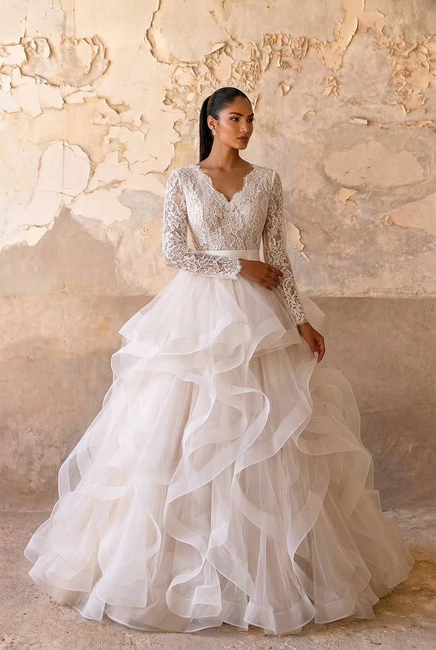 Ivory Vintage Lace Ball Gown Wedding Dress with Long Sleeves