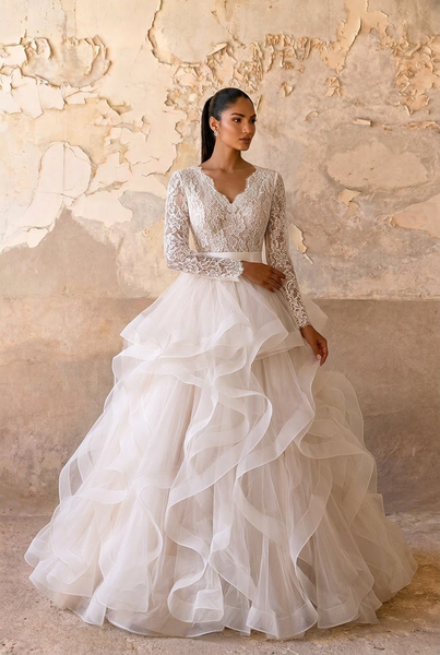 Modest Long Sleeves Wedding Dress with Ruffle Ball Gown Skirt | CRISTINE Size 28W / Ivory