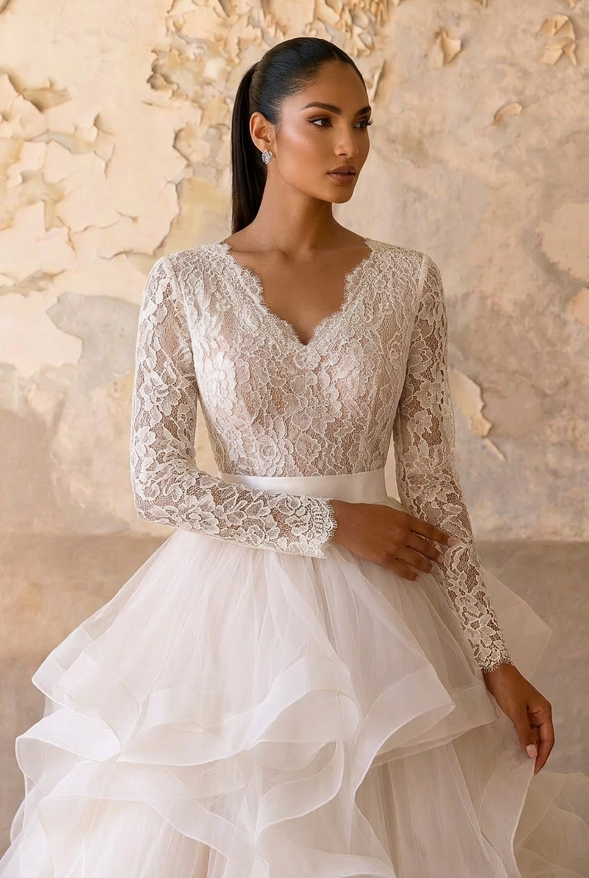 ruffle dress vintage Ivory Vintage Lace Ball Gown Wedding Dress with Long Sleeves