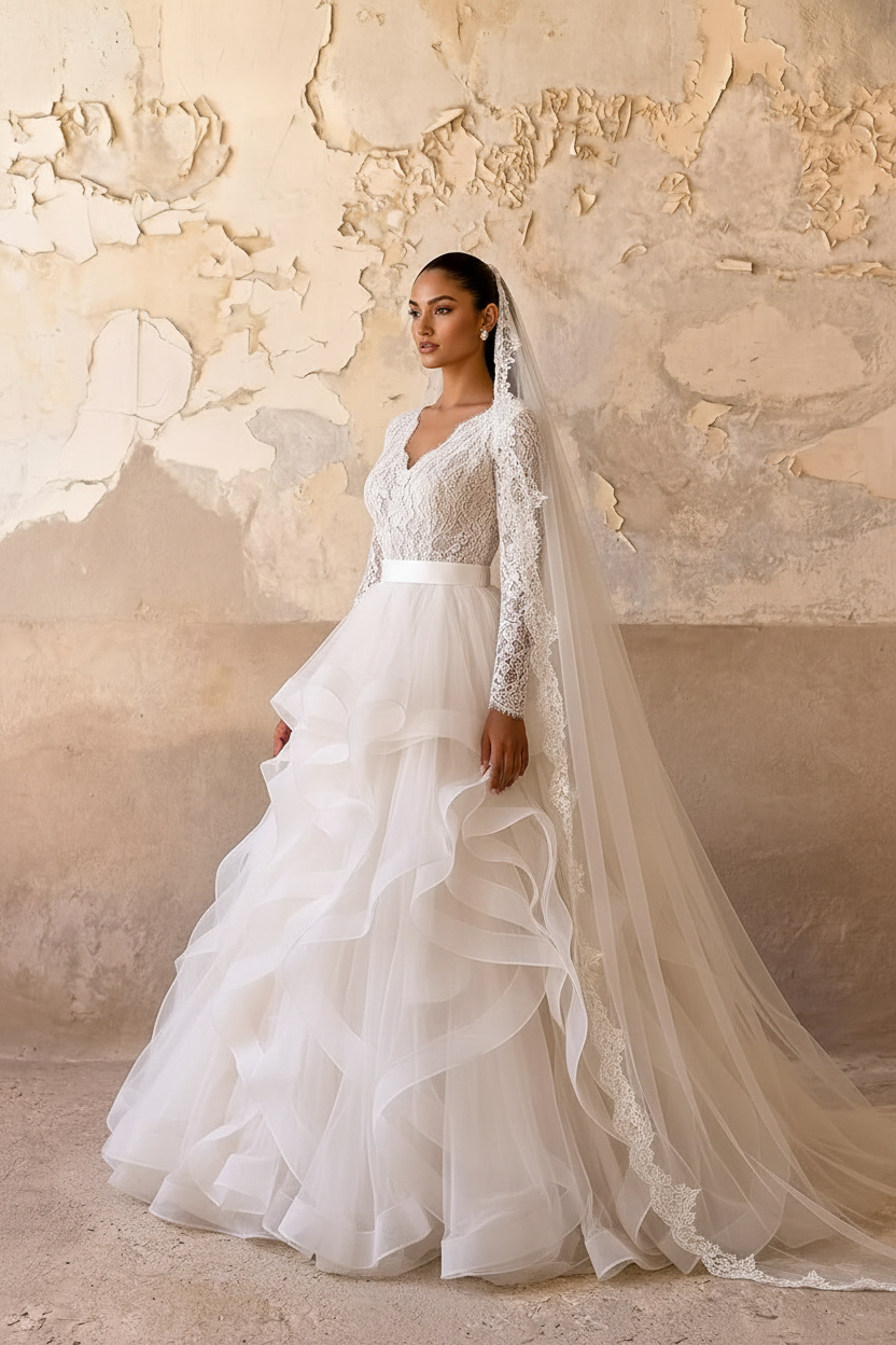vintage ivory wedding dress Ivory Vintage Lace Ball Gown Wedding Dress with Long Sleeves