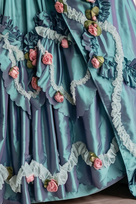 LUXURY ANTIQUE BAROQUE STYLE EMERALD SATIN EVENING DRESS WITH FLORAL LONG SLEEVES - 1800 BALL GOWN