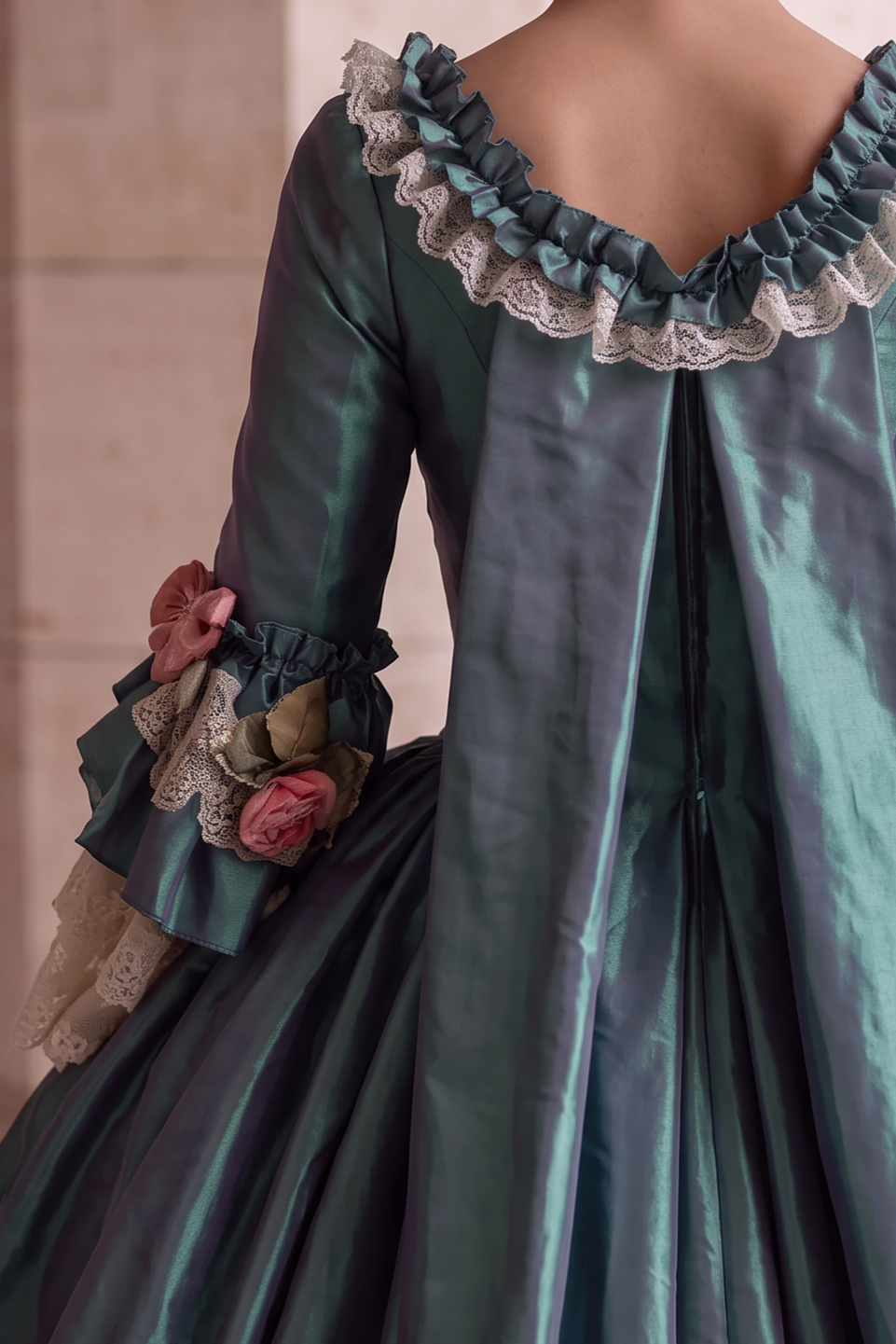 LUXURY ANTIQUE BAROQUE STYLE EMERALD SATIN EVENING DRESS WITH FLORAL LONG SLEEVES - 1800 BALL GOWN