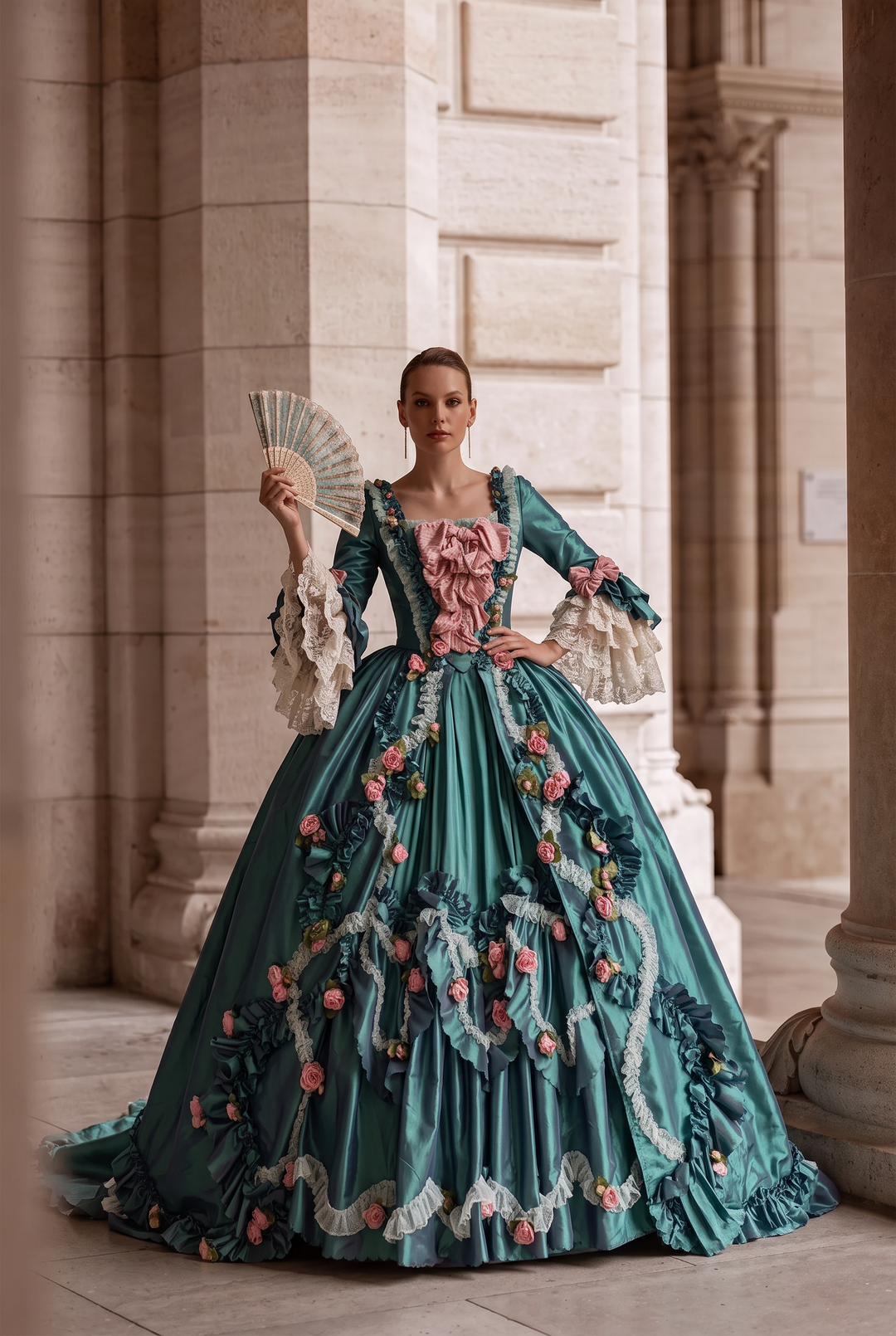 LUXURY ANTIQUE BAROQUE STYLE EMERALD SATIN EVENING DRESS WITH FLORAL LONG SLEEVES - 1800 BALL GOWN