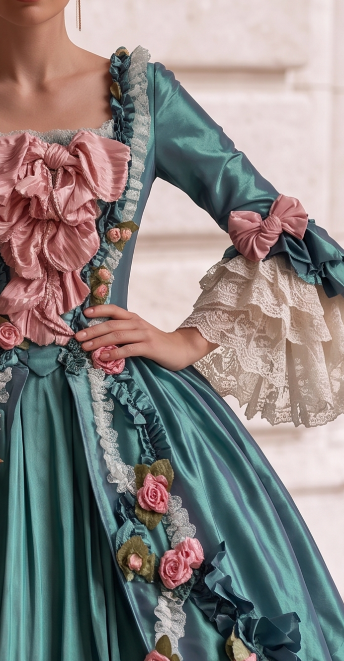 LUXURY ANTIQUE BAROQUE STYLE EMERALD SATIN EVENING DRESS WITH FLORAL LONG SLEEVES - 1800 BALL GOWN
