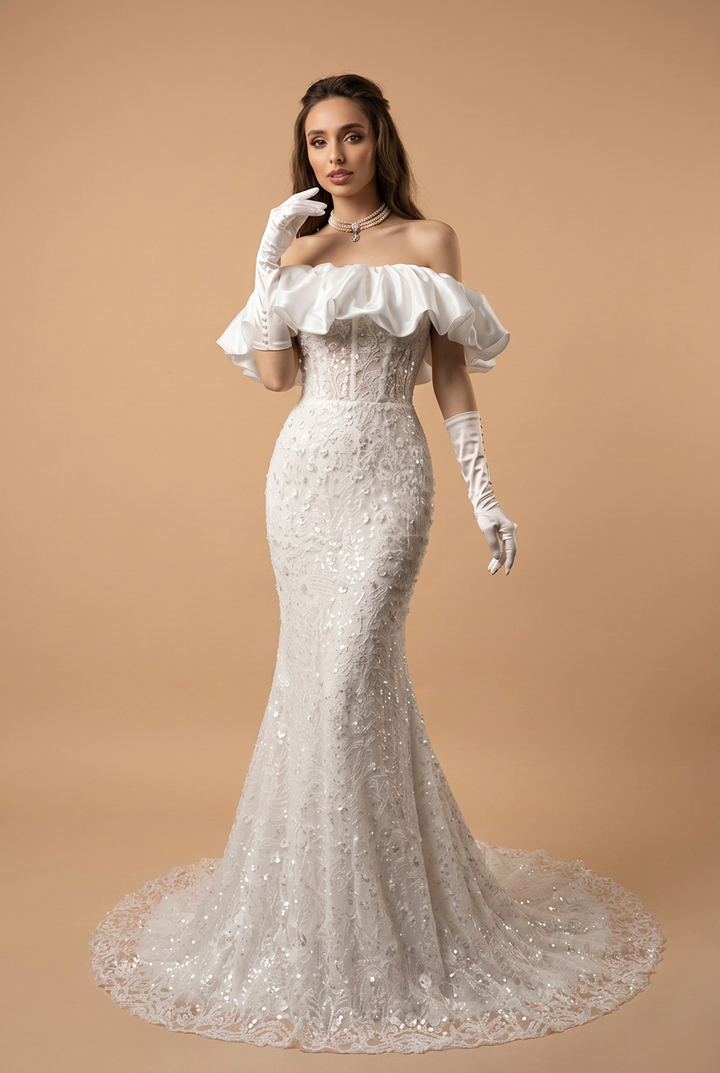 Lace Beaded Mermaid Boho White Formal Dress - Convertible Bridal Dress Plus Size
