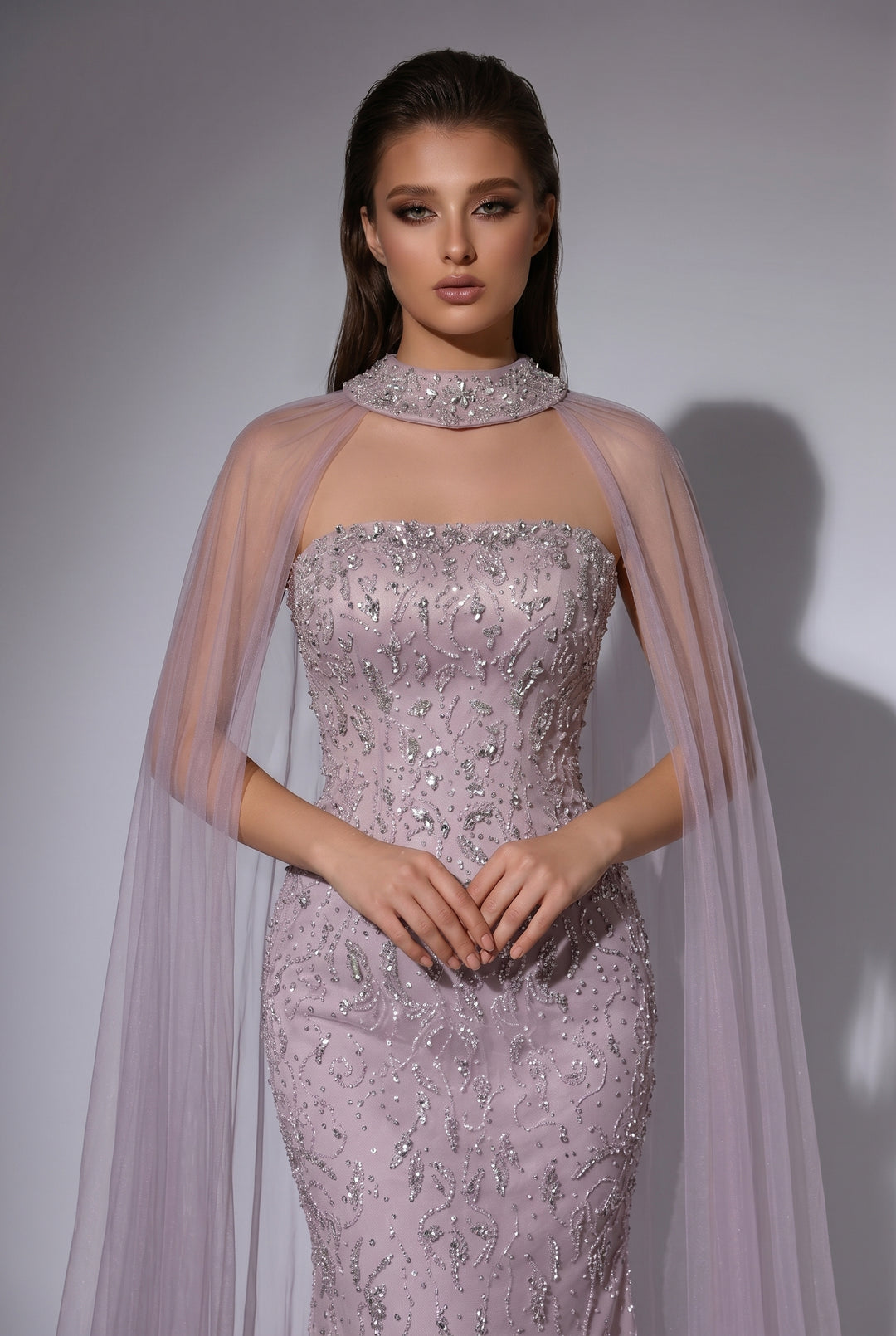 Lavender Beaded Mermaid Evening Gown with Detachable Chiffon Cape and Crystal Halter Neckline – Formal Dress Plus Size