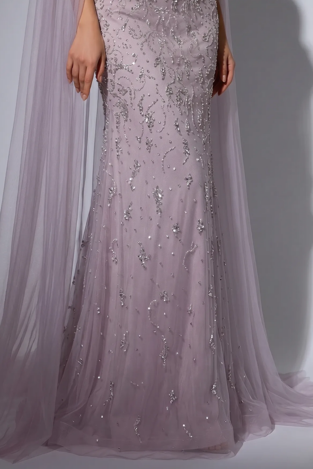 Lavender Beaded Mermaid Evening Gown with Detachable Chiffon Cape and Crystal Halter Neckline – Formal Dress Plus Size