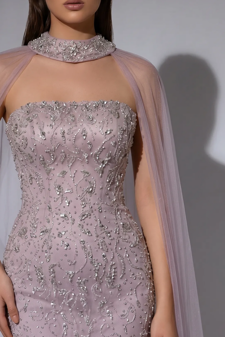 Lavender Beaded Mermaid Evening Gown with Detachable Chiffon Cape and Crystal Halter Neckline – Formal Dress Plus Size
