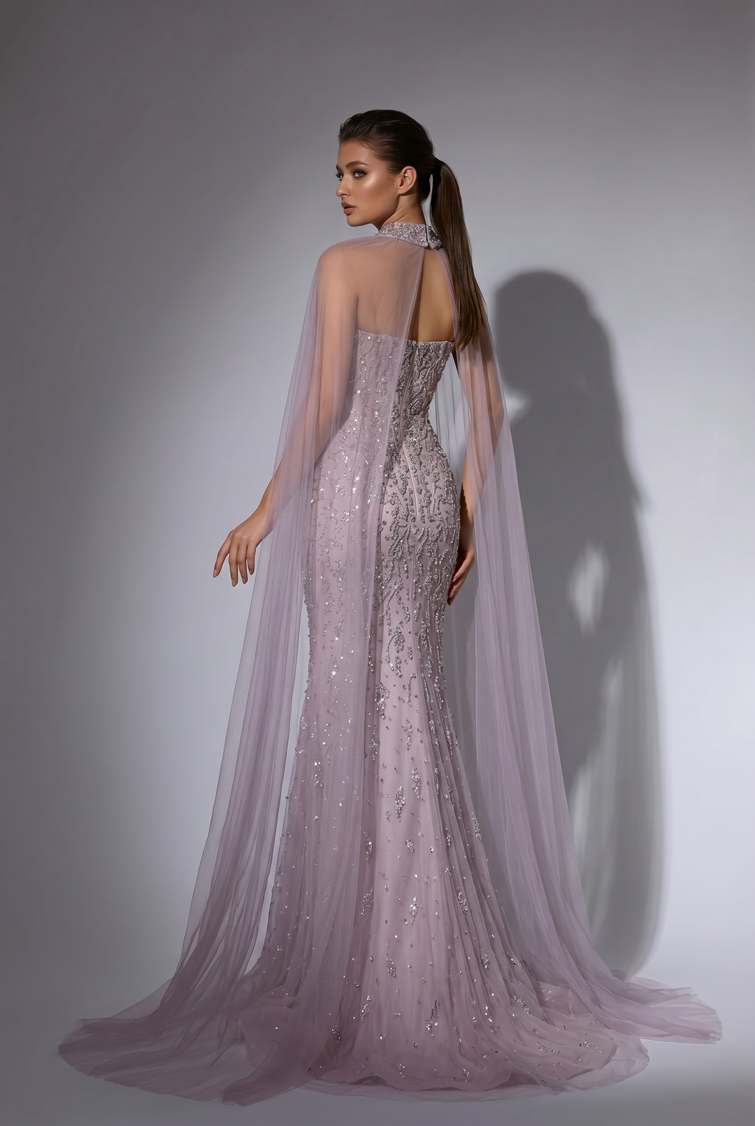 Lavender Beaded Mermaid Evening Gown with Detachable Chiffon Cape and Crystal Halter Neckline – Formal Dress Plus Size