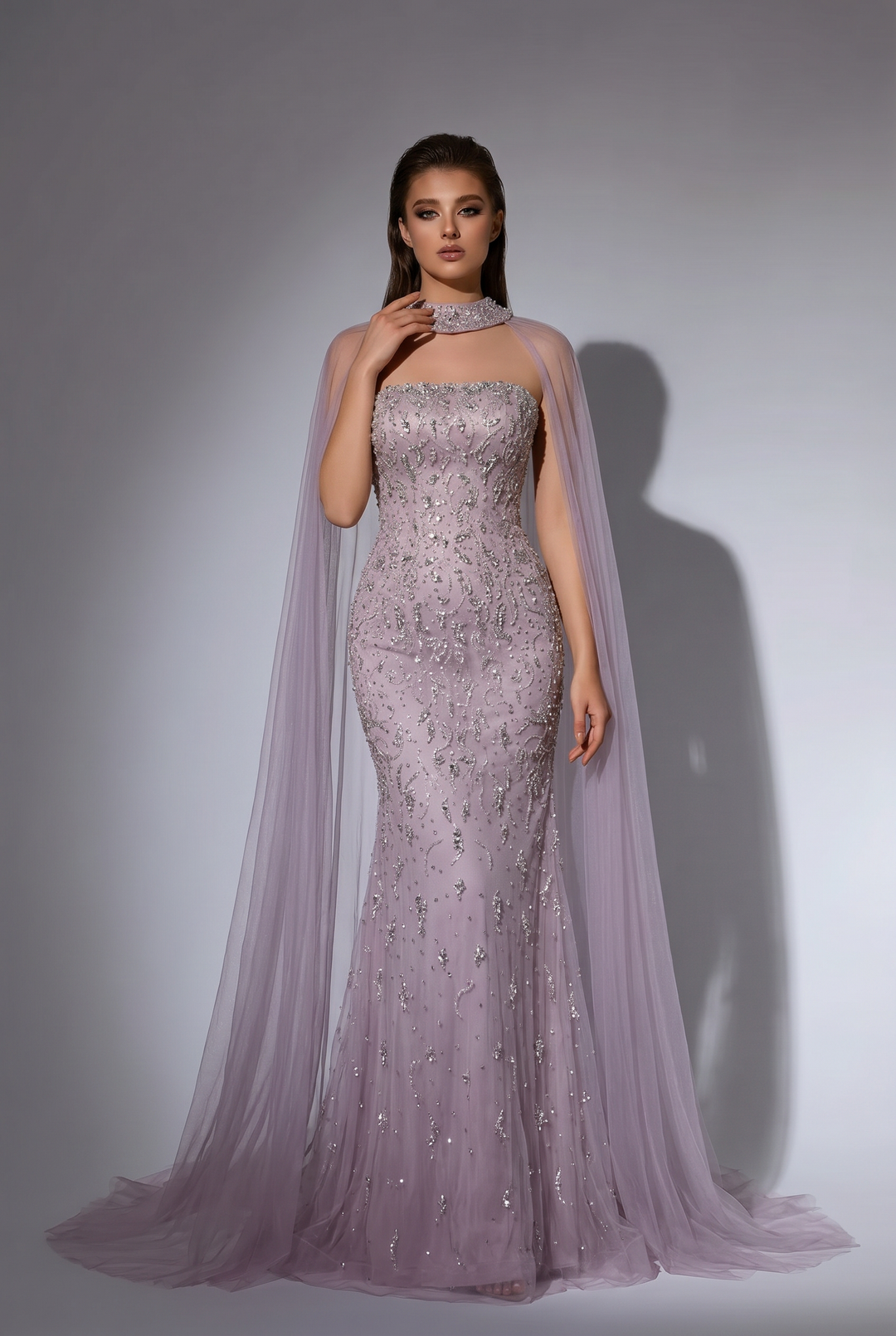 Lavender Beaded Mermaid Evening Gown with Detachable Chiffon Cape and Crystal Halter Neckline – Formal Dress Plus Size Size 12 / Lavender
