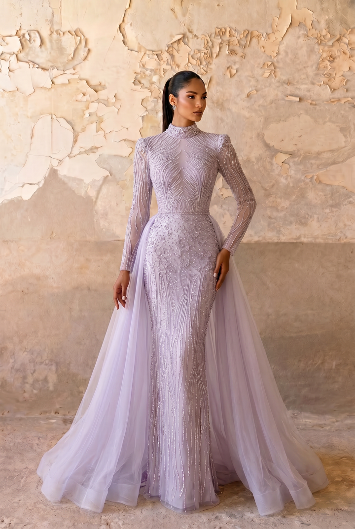 Lavender Evening Dress with Detachable Overskirt, High Neck Long Sleeve Beaded Mermaid Gown Plus Size