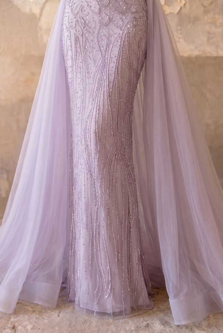 Lavender Evening Dress with Detachable Overskirt, High Neck Long Sleeve Beaded Mermaid Gown Plus Size