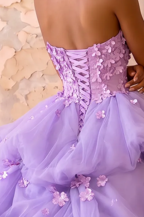 Lavender Floral Ball Gown with Strapless Corset Bodice and Layered Tulle Skirt Plus Size
