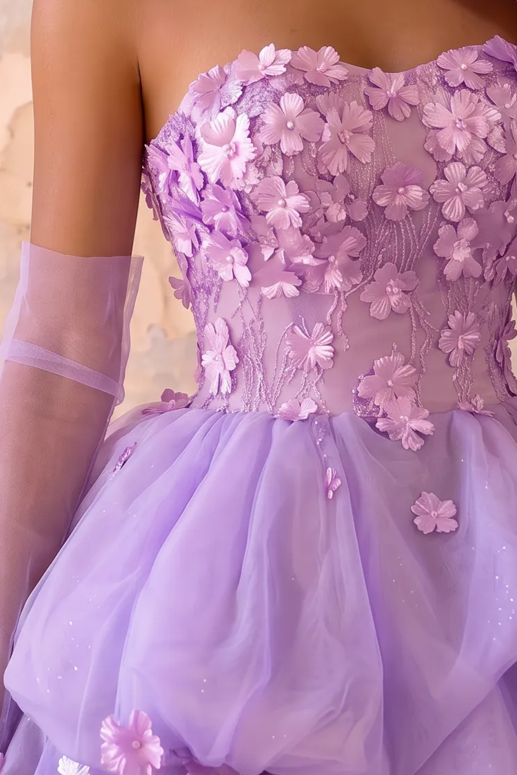 Lavender Floral Ball Gown with Strapless Corset Bodice and Layered Tulle Skirt Plus Size