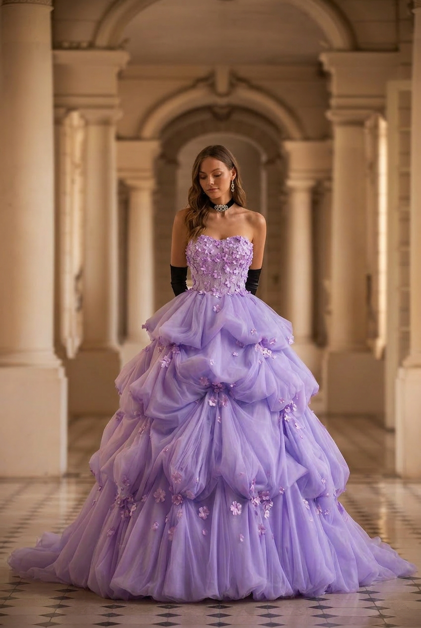 Lavender Floral Tulle Princess Ball Gown Strapless Corset Fairy Evening Dress Romantic Couture Formal Gown Fantasy Prom Dress Plus Size