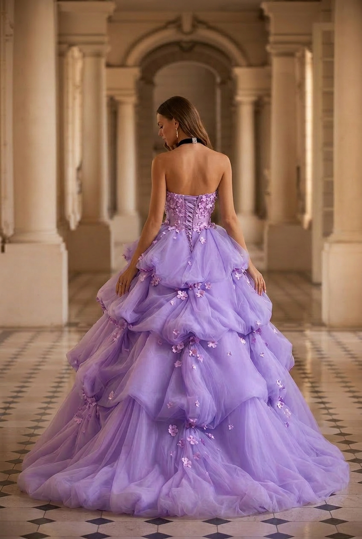 Lavender Floral Tulle Princess Ball Gown Strapless Corset Fairy Evening Dress Romantic Couture Formal Gown Fantasy Prom Dress Plus Size