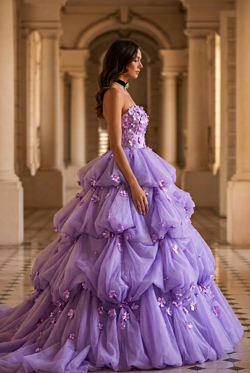 Lavender Floral Tulle Princess Ball Gown Strapless Corset Fairy Evening Dress Romantic Couture Formal Gown Fantasy Prom Dress Plus Size