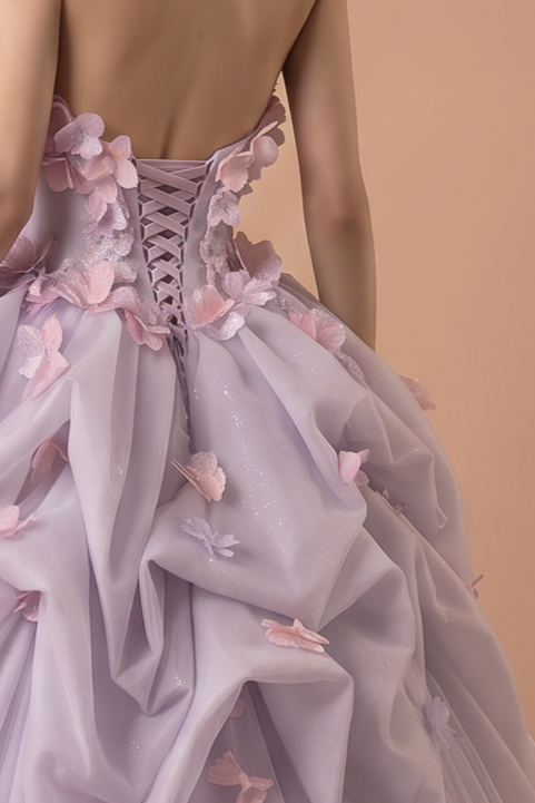 Lavender Floral Wedding Dress with 3D Flower Details - Strapless Tulle Ball Gown with Layered Skirt - Romantic Wedding Dress Plus Size