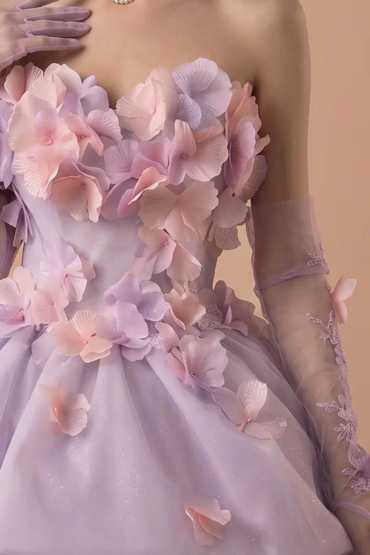 Lavender Floral Wedding Dress with 3D Flower Details - Strapless Tulle Ball Gown with Layered Skirt - Romantic Wedding Dress Plus Size