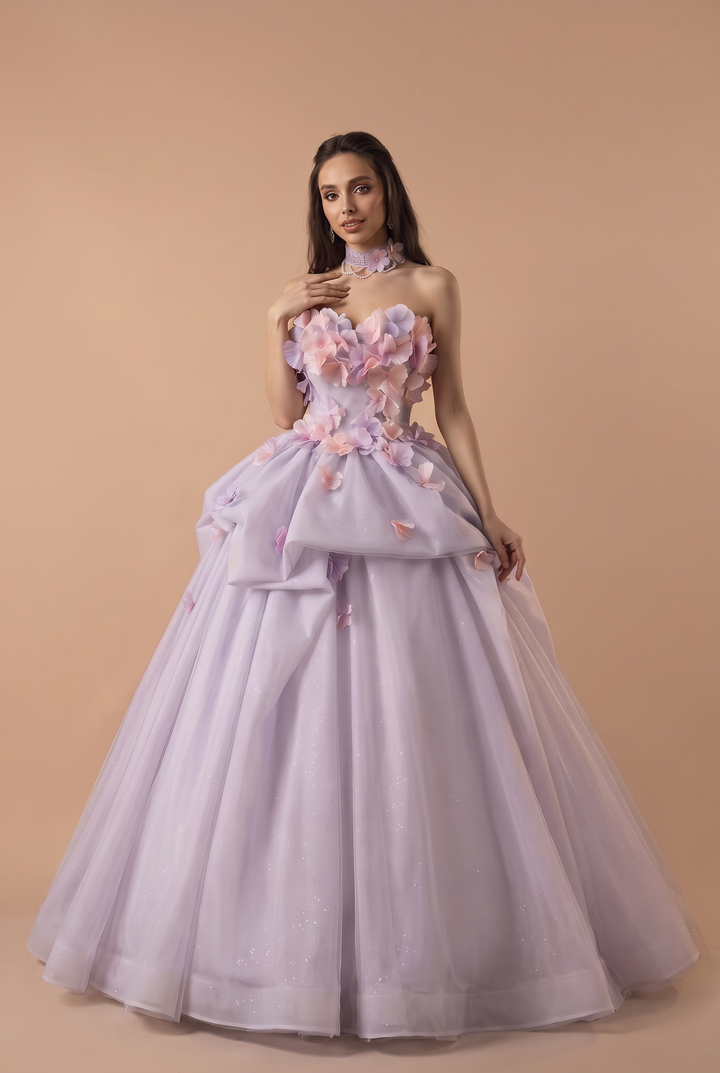 Lavender Floral Wedding Dress with 3D Flower Details - Strapless Tulle Ball Gown with Layered Skirt - Romantic Wedding Dress Plus Size