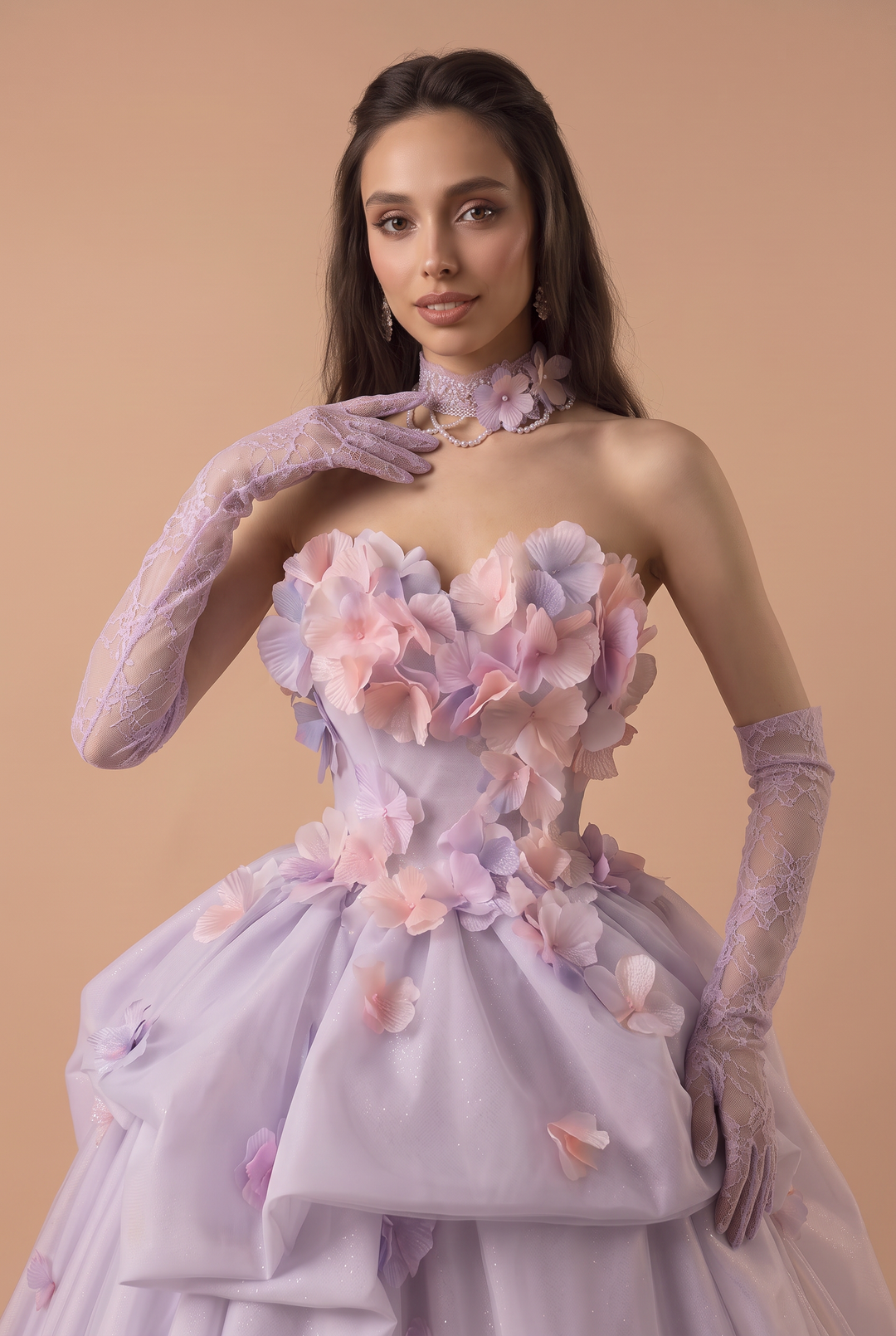 Lavender Floral Wedding Dress with 3D Flower Details - Strapless Tulle Ball Gown with Layered Skirt - Romantic Wedding Dress Plus Size