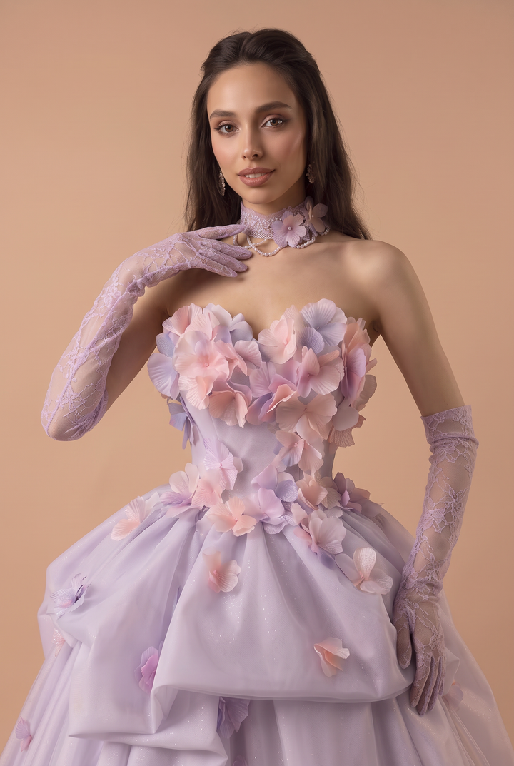 Lavender Floral Wedding Dress with 3D Flower Details - Strapless Tulle Ball Gown with Layered Skirt - Romantic Wedding Dress Plus Size