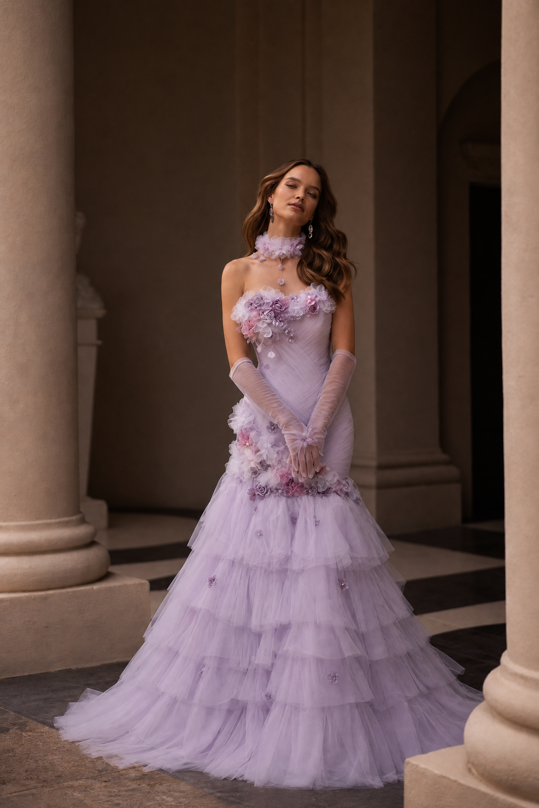 Lavender Mermaid Evening Dress with 3D Floral Appliqué and Tiered Ruffle Tulle Skirt Plus Size