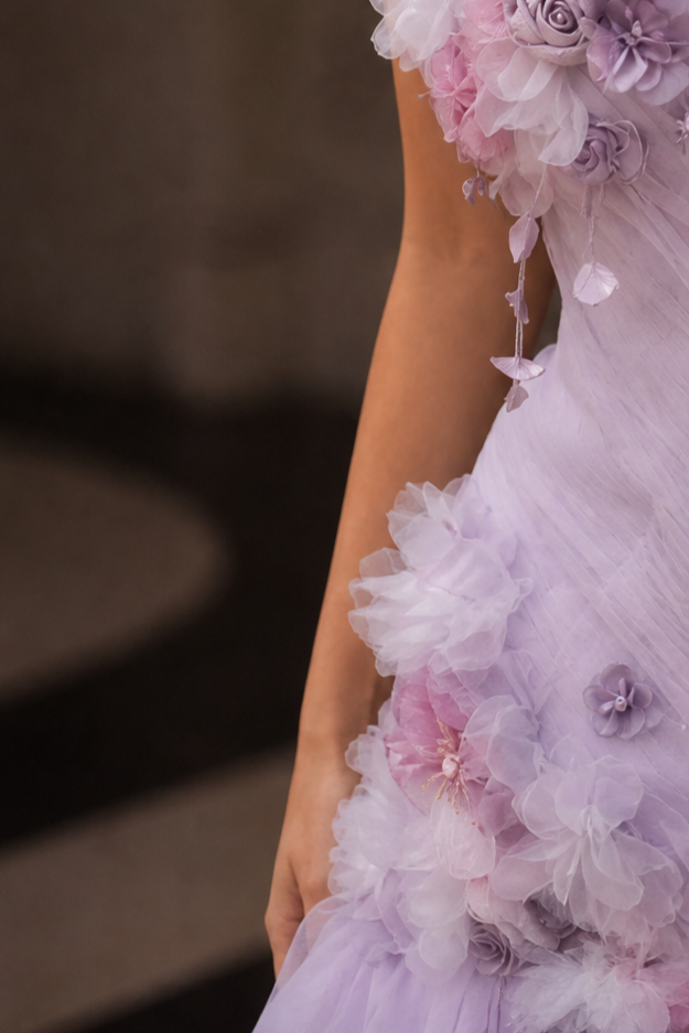 Lavender Mermaid Evening Dress with 3D Floral Appliqué and Tiered Ruffle Tulle Skirt Plus Size