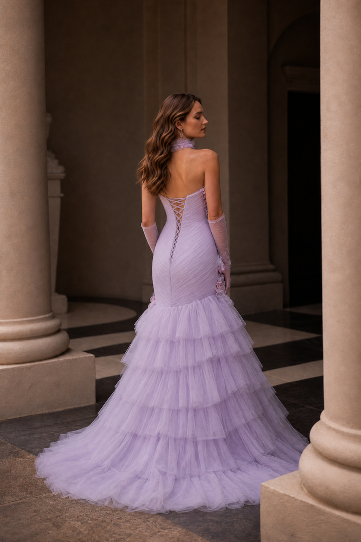 Lavender Mermaid Evening Dress with 3D Floral Appliqué and Tiered Ruffle Tulle Skirt Plus Size