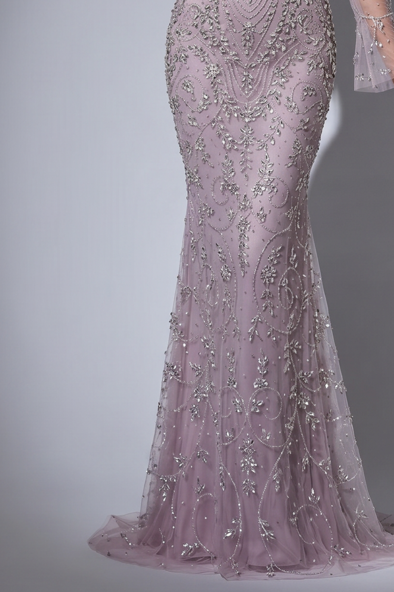 Lavender Mermaid Evening Gown with Illusion Long Sleeves, Sweetheart Neckline and Hand-Beaded Embroidery Plus Size