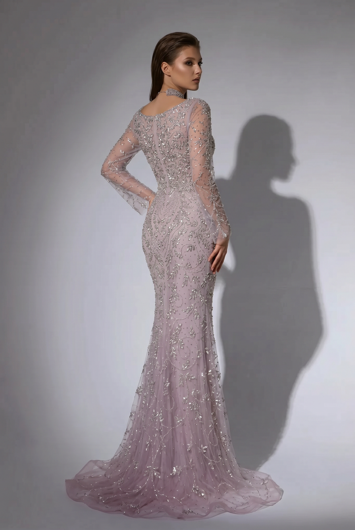 Lavender Mermaid Evening Gown with Illusion Long Sleeves, Sweetheart Neckline and Hand-Beaded Embroidery Plus Size