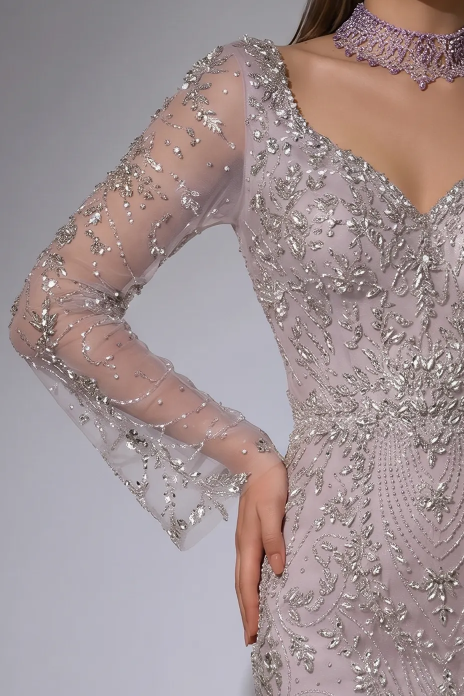 Lavender Mermaid Evening Gown with Illusion Long Sleeves, Sweetheart Neckline and Hand-Beaded Embroidery Plus Size