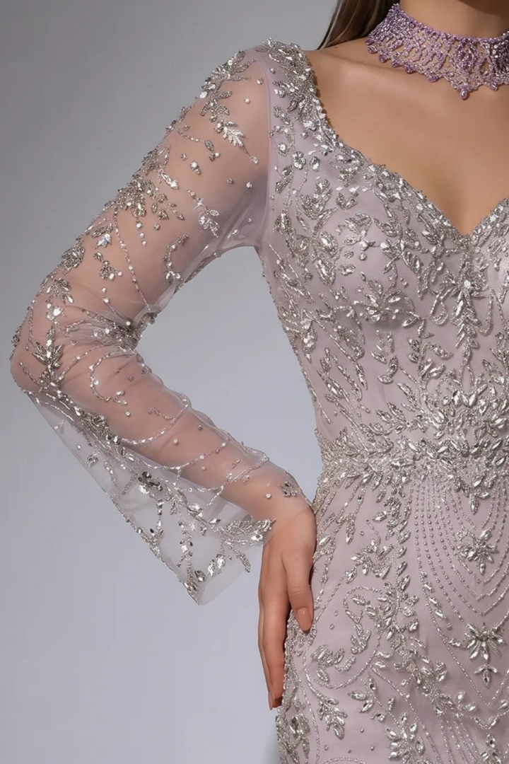 Lavender Mermaid Evening Gown with Illusion Long Sleeves, Sweetheart Neckline and Hand-Beaded Embroidery Plus Size