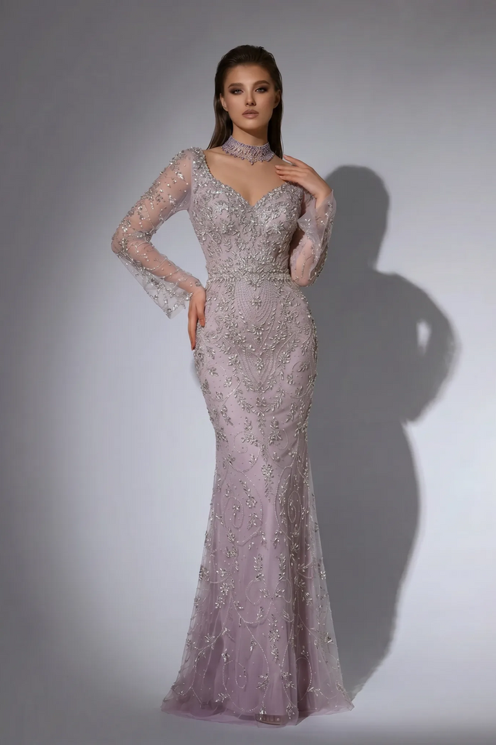 Lavender Mermaid Evening Gown with Illusion Long Sleeves, Sweetheart Neckline and Hand-Beaded Embroidery Plus Size