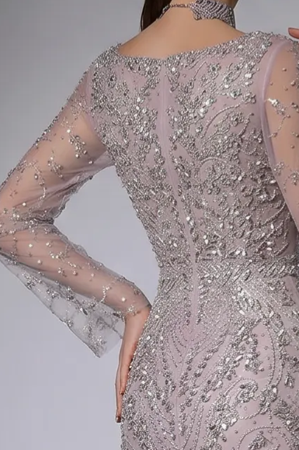 Lavender Mermaid Evening Gown with Illusion Long Sleeves, Sweetheart Neckline and Hand-Beaded Embroidery Plus Size