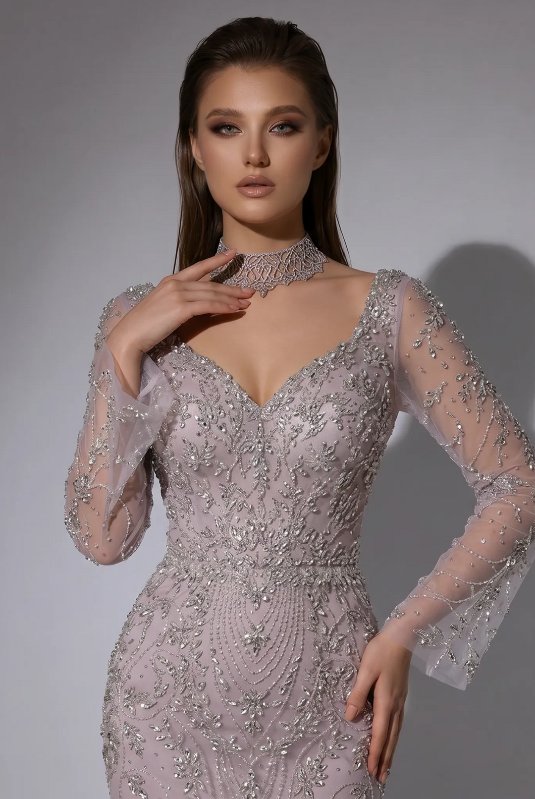Lavender Mermaid Evening Gown with Illusion Long Sleeves, Sweetheart Neckline and Hand-Beaded Embroidery Plus Size