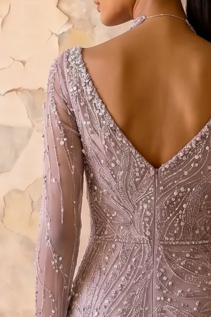 Elegantes Champagner-Abendkleid mit Pailletten und Tüll - Champagner-Kleid für Hochzeitsgäste - Hübsches Paillettenkleid mit langen Ärmeln in Übergröße