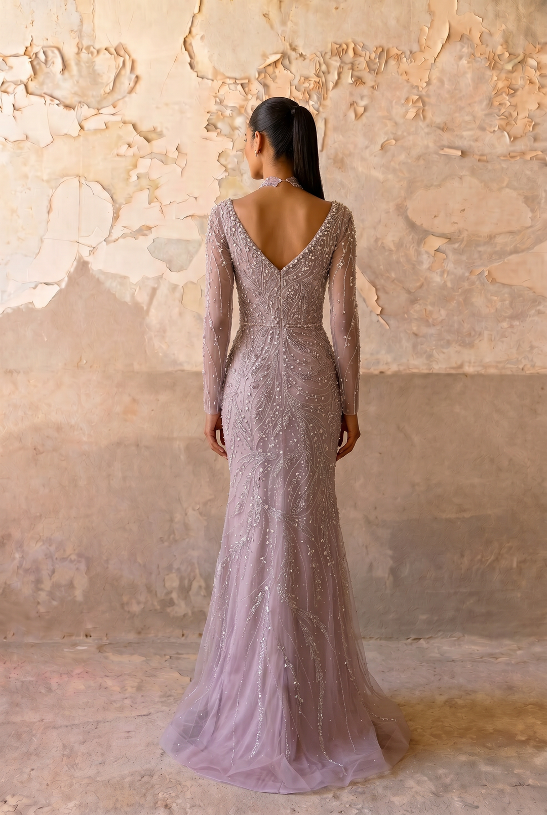 Elegantes Champagner-Abendkleid mit Pailletten und Tüll - Champagner-Kleid für Hochzeitsgäste - Hübsches Paillettenkleid mit langen Ärmeln in Übergröße