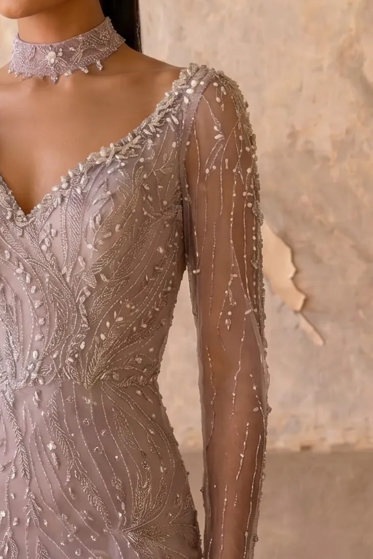 Elegantes Champagner-Abendkleid mit Pailletten und Tüll - Champagner-Kleid für Hochzeitsgäste - Hübsches Paillettenkleid mit langen Ärmeln in Übergröße