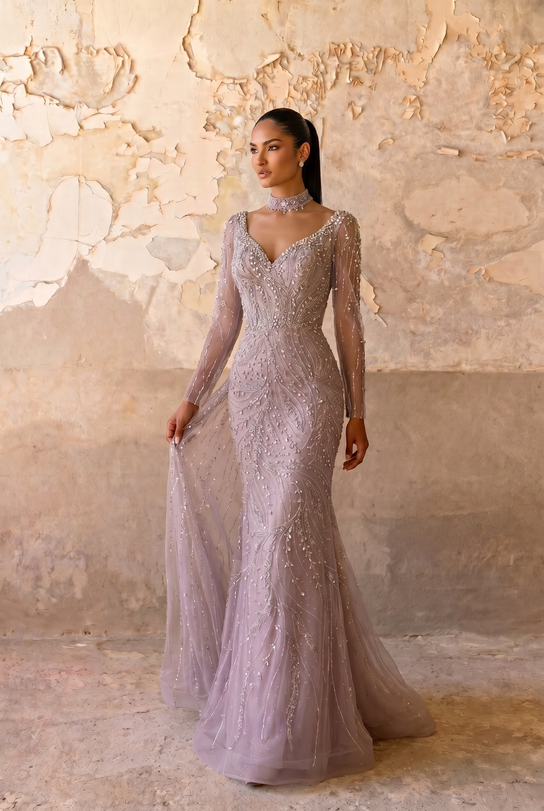Elegantes Champagner-Abendkleid mit Pailletten und Tüll - Champagner-Kleid für Hochzeitsgäste - Hübsches Paillettenkleid mit langen Ärmeln in Übergröße