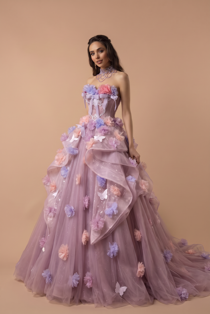 Lavender Pink Ball Gown with 3D Floral Appliqué, Layered Tulle Skirt and Corset Bodice Plus Size