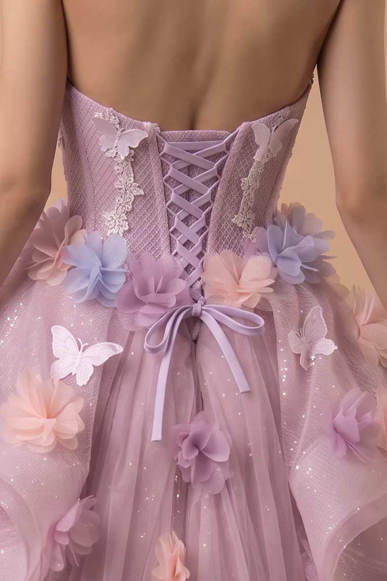 Lavender Pink Ball Gown with 3D Floral Appliqué, Layered Tulle Skirt and Corset Bodice Plus Size