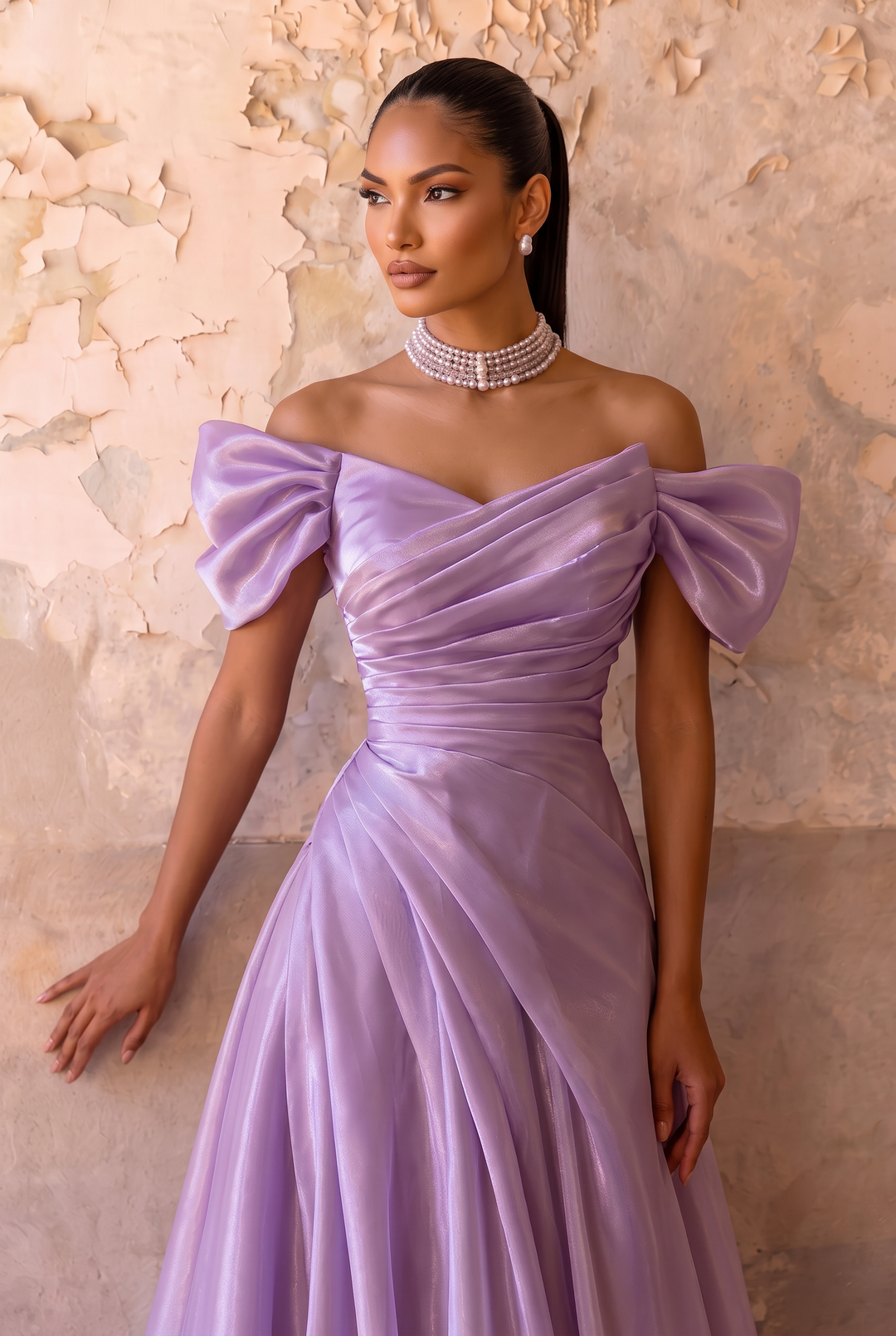 Lavender Satin Wedding Dress Off-Shoulder Puff Sleeve Draped A-Line Gown Plus Size