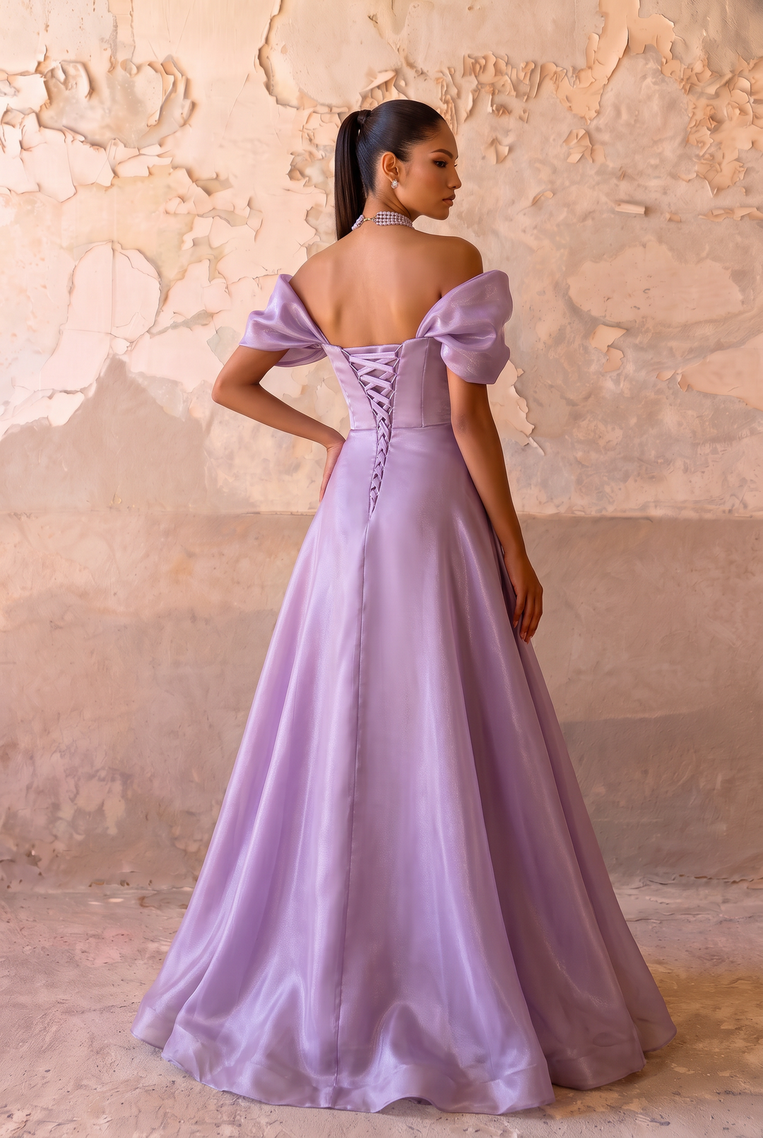 Lavender Satin Wedding Dress Off-Shoulder Puff Sleeve Draped A-Line Gown Plus Size